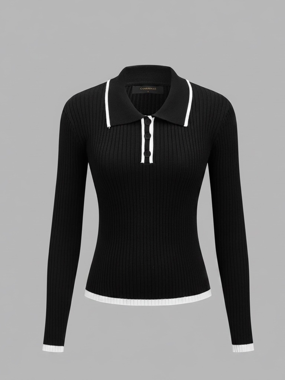 Commense contrast ribbed polo long sleeve black white extra large